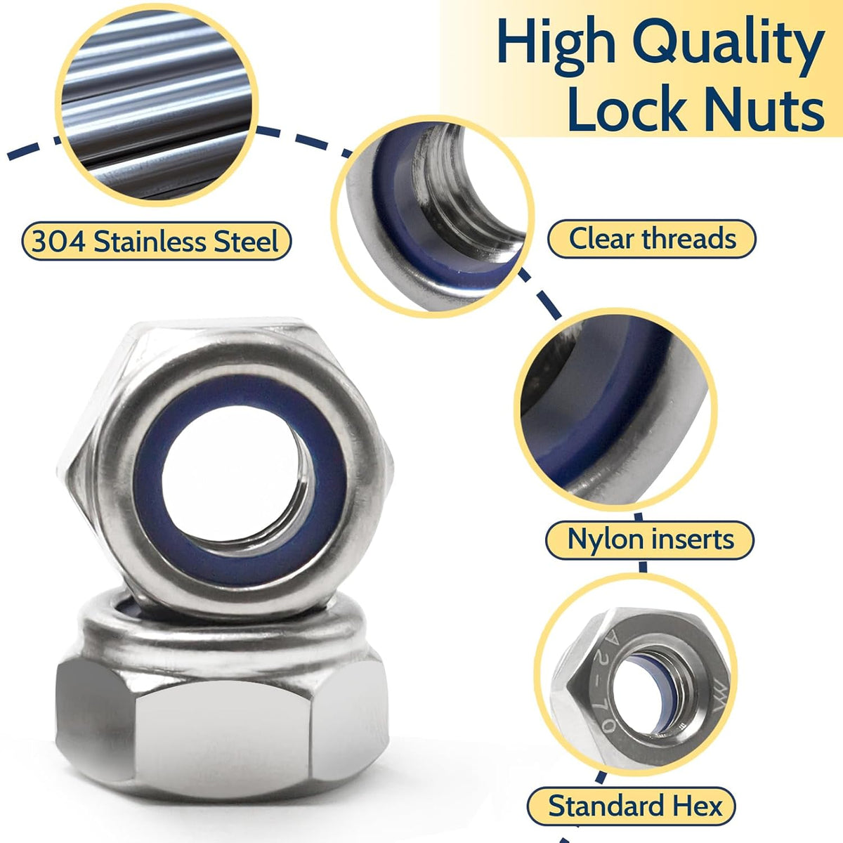 Vifmy 110 Pack 1/4"-20 Inch Lock Nuts,304 (A2-70) Stainless Steel Nylon Insert Locknuts,Standard Inch Thread Nylock Nuts for Bolts - PuriLite