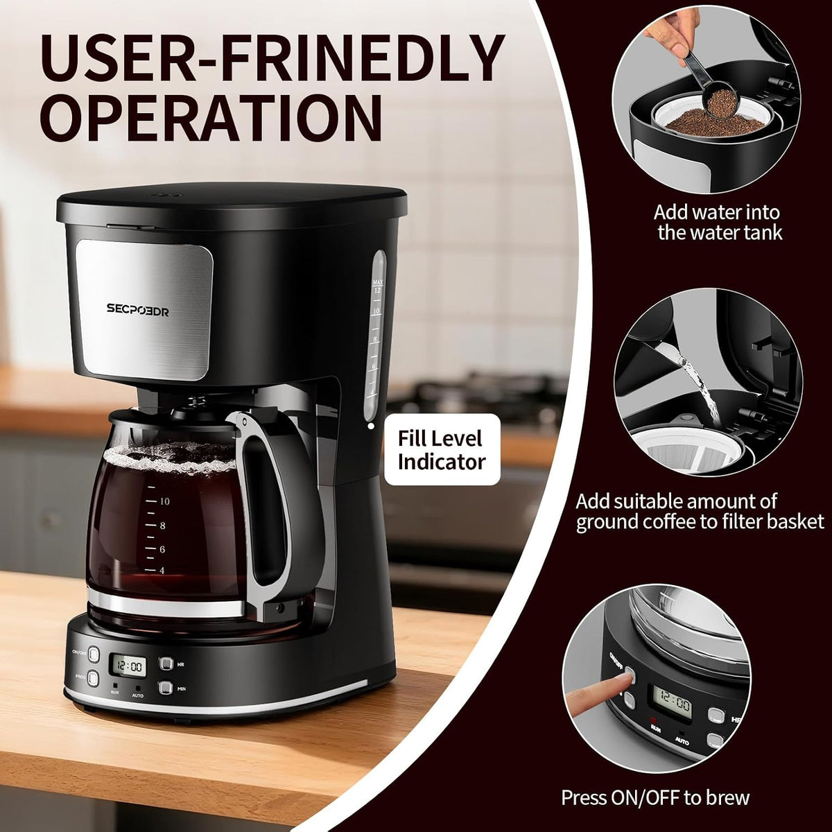 Programmable 12 Cup Drip Coffee Maker, Silver, Stainless Steel | Auto Brew, Keep Warm Function, Removable Filter Basket, Auto Shut-off, Clear Water Level Window,Two-Tone Silver & Black