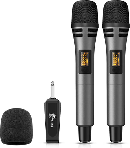 TONOR Wireless Microphones, UHF Dual Karaoke Microphone System, Microfonos Inalambricos with Rechargeable Receiver, Cordless Dynamic Mic for Singing, Wedding, DJ, Party, Speech TW320 Grey - PuriLite