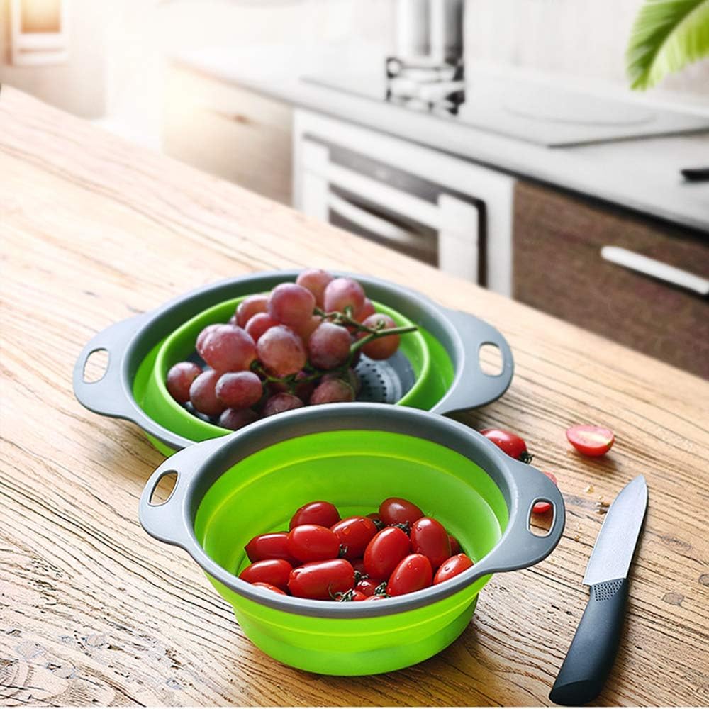 Collapsible Colander, BESUNTEK Strainer Set Round Food Silicone Kitchen for Draining Pasta, Vegetable and Fruit 2 pcs 4 Quart and 1 pcs 2 Quart (Orange + Green + Blue) - PuriLite