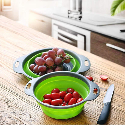Collapsible Colander, BESUNTEK Strainer Set Round Food Silicone Kitchen for Draining Pasta, Vegetable and Fruit 2 pcs 4 Quart and 1 pcs 2 Quart (Orange + Green + Blue) - PuriLite