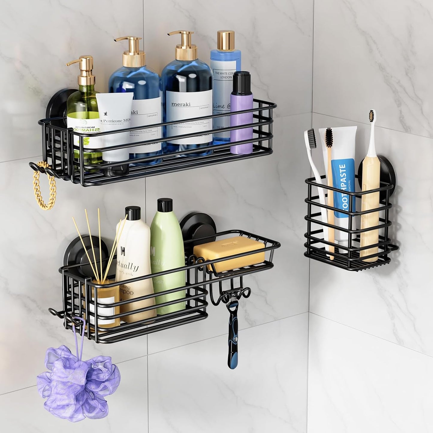 LEVERLOC Shower Caddy Suction Cup, 2 Pack Black Shower Shelf with Hooks and Soap Holder, NO-Drilling Bathroom Organizer, Rustproof Metal Bathroom Storage and Organization - PuriLite
