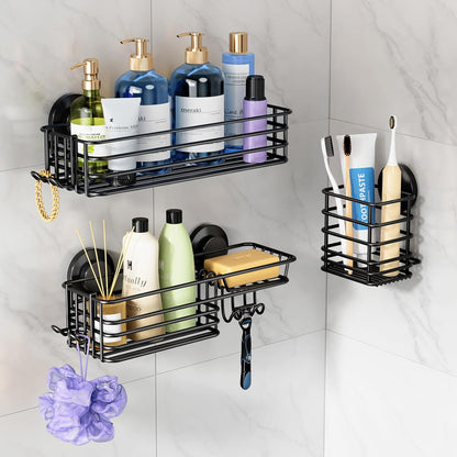 LEVERLOC Shower Caddy Suction Cup, 2 Pack Black Shower Shelf with Hooks and Soap Holder, NO-Drilling Bathroom Organizer, Rustproof Metal Bathroom Storage and Organization - PuriLite