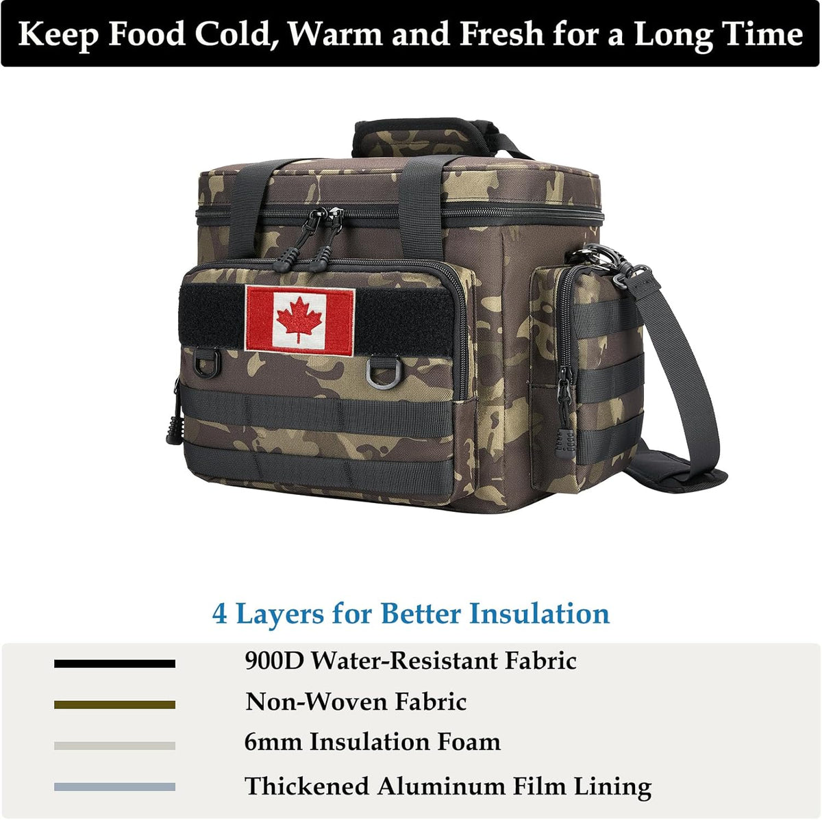 Tactical Lunch Bag for Men, Large Leakproof Insulated Lunch Box, Lunch Cooler Bag with Shoulder Strap, Lunch Pail for Adults Work Outdoor Picnic Trips, Black Camo - PuriLite