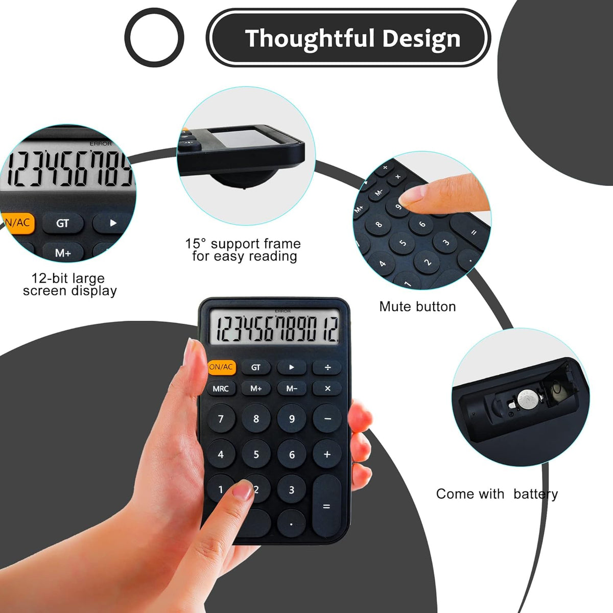 VEWINGL Mechanical Switch Calculator, 12 Digit Large LCD Display and Buttons, Great for Everyday Life and Basic Office Work, with Battery - PuriLite
