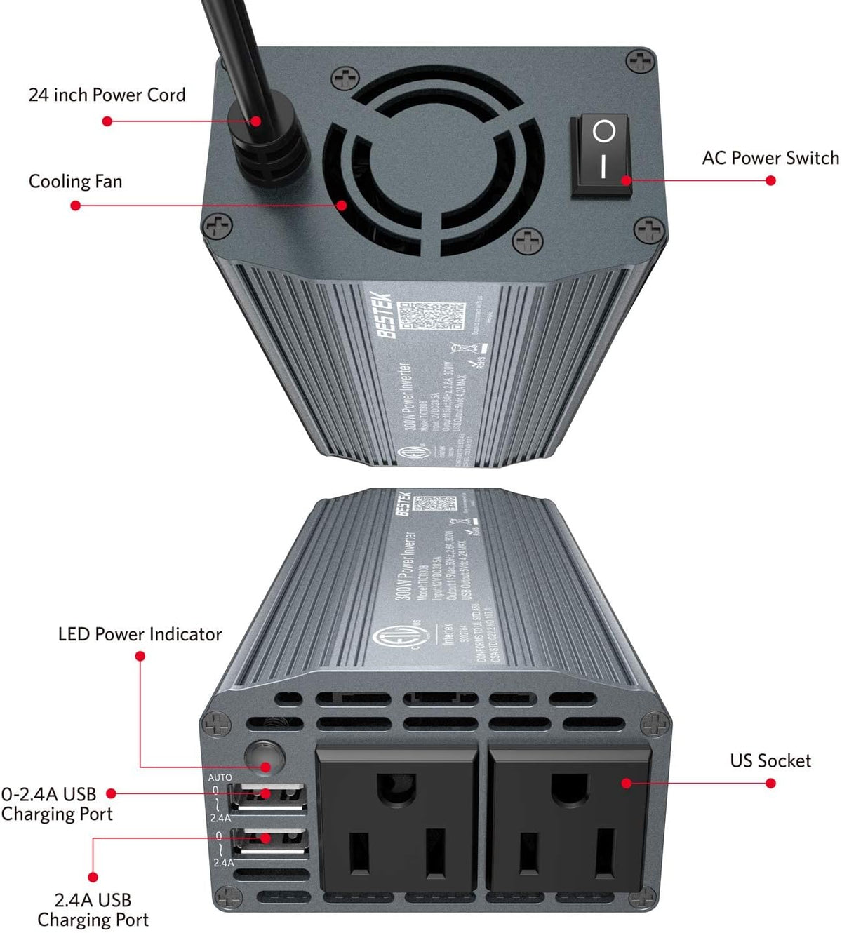 BESTEK Power Inverter DC 12V to AC 110V - 300W Car Plug Adapter Outlet with 4.8A Dual USB Fast Charging Port - Car Charger Cigarette Lighter Adapter for Phone, Laptop on Road Trip - Aluminum Housing - PuriLite