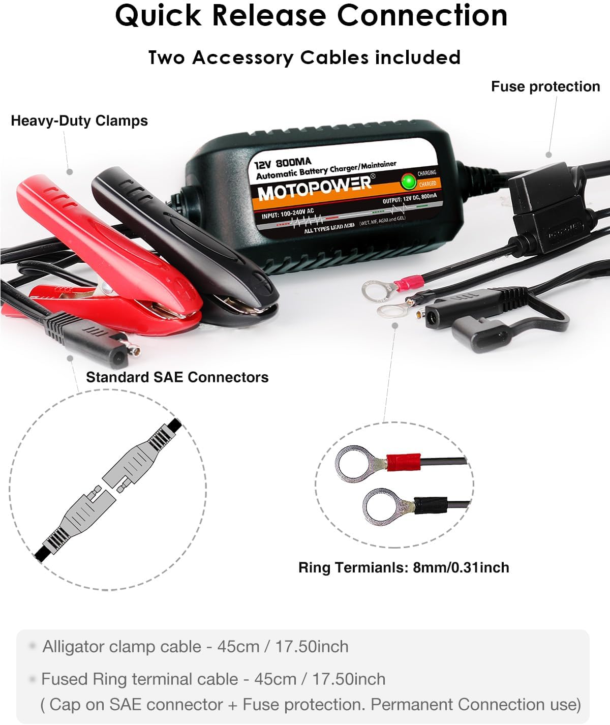 MOTOPOWER MP00205A 12V 800mA Fully Automatic Battery Charger/Maintainer - PuriLite