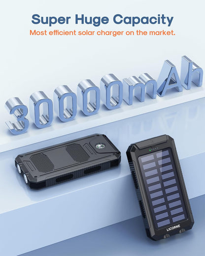 Solar Charger Power Bank Fast Charging - 30000mAh Portable Solar Phone Battery Panel Charger, QC3.0 Dual USB Port Battery Pack Charger Portable for All Cell Phones & Electronic Devices - PuriLite