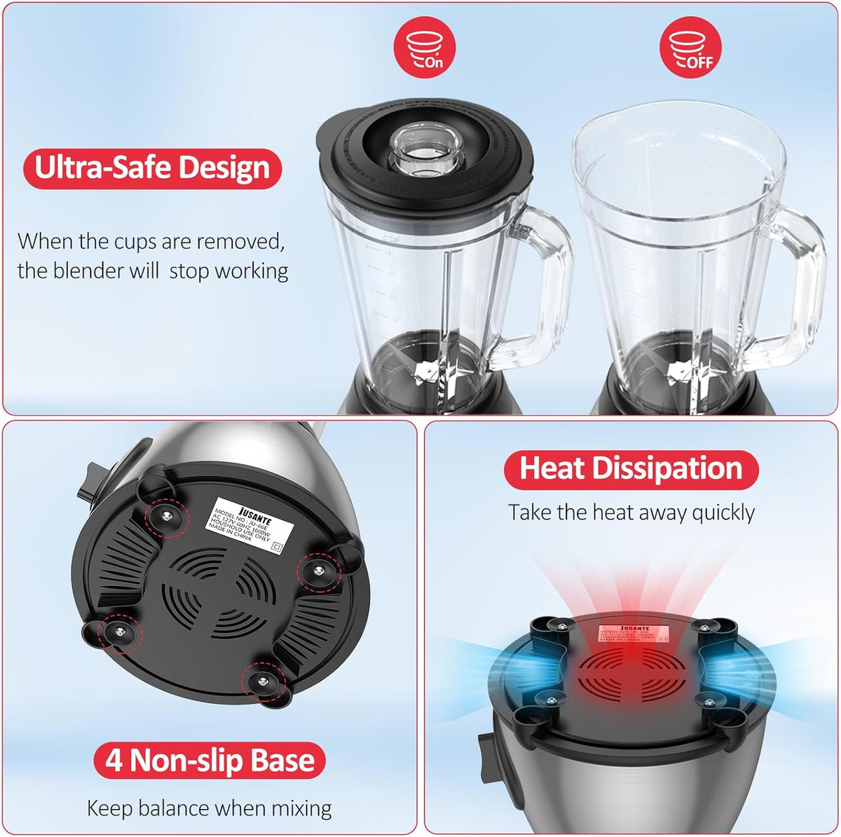 JUSANTE Smoothie Blender, 1000W Professional Kitchen Blender with Glass Jar for Shakes & Smoothies High Speed Countertop Blender for Ice Frozen Drinks - PuriLite