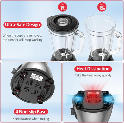 JUSANTE Smoothie Blender, 1000W Professional Kitchen Blender with Glass Jar for Shakes & Smoothies High Speed Countertop Blender for Ice Frozen Drinks - PuriLite
