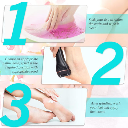 Electric Callus Remover for Feet, 2 Speed Electric Foot File, Rechargeable Foot Scrubber Pedicure kit for Cracked Heels and Dead Skin with 3 Roller Heads. - PuriLite