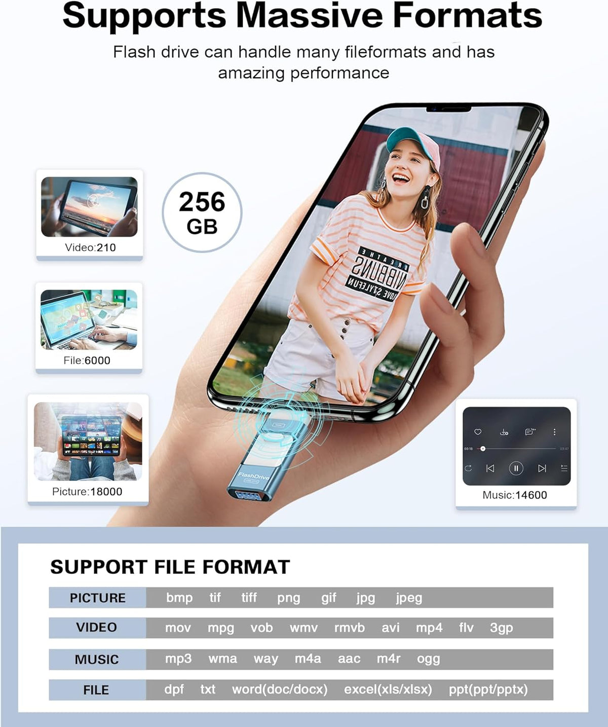 256GB Flash Drive for iPhone Photo Stick, Thumb Drive USB Stick High Speed Transfer USB Drives External Picture Video Storage Memory Expansion for iPhone/iPad/PC (Blue) - PuriLite