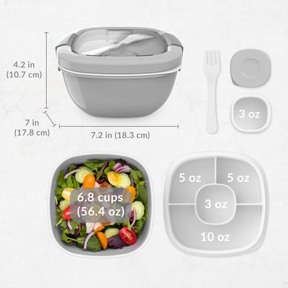 Bentgo Salad - Stackable Lunch Container with Large 54-oz Salad Bowl, 4-Compartment Bento-Style Tray for Toppings, 3-oz Sauce Container for Dressings, Built-in Reusable Fork & BPA-Free (Khaki Green) - PuriLite