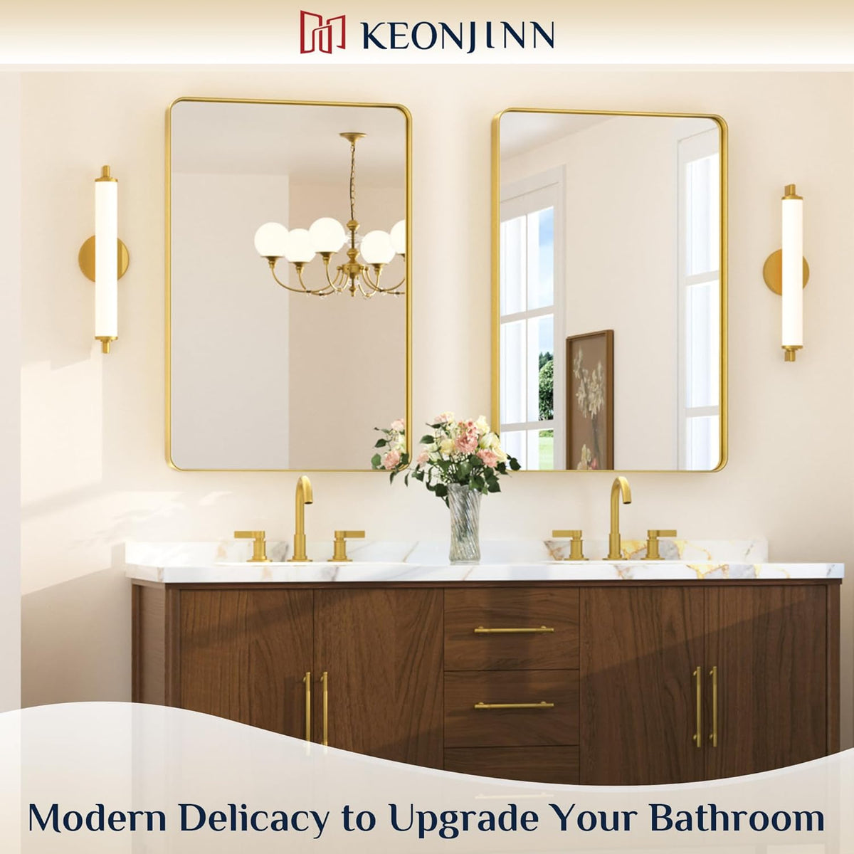Keonjinn 42 x 36 Brushed Nickel Bathroom Vanity Mirror, Large Rounded Rectangle Bathroom Mirrors for over Sink, Metal Framed Silver Mirror for Wall, Shatterproof HD Tempered Glass(Horizontal/Vertical) - PuriLite