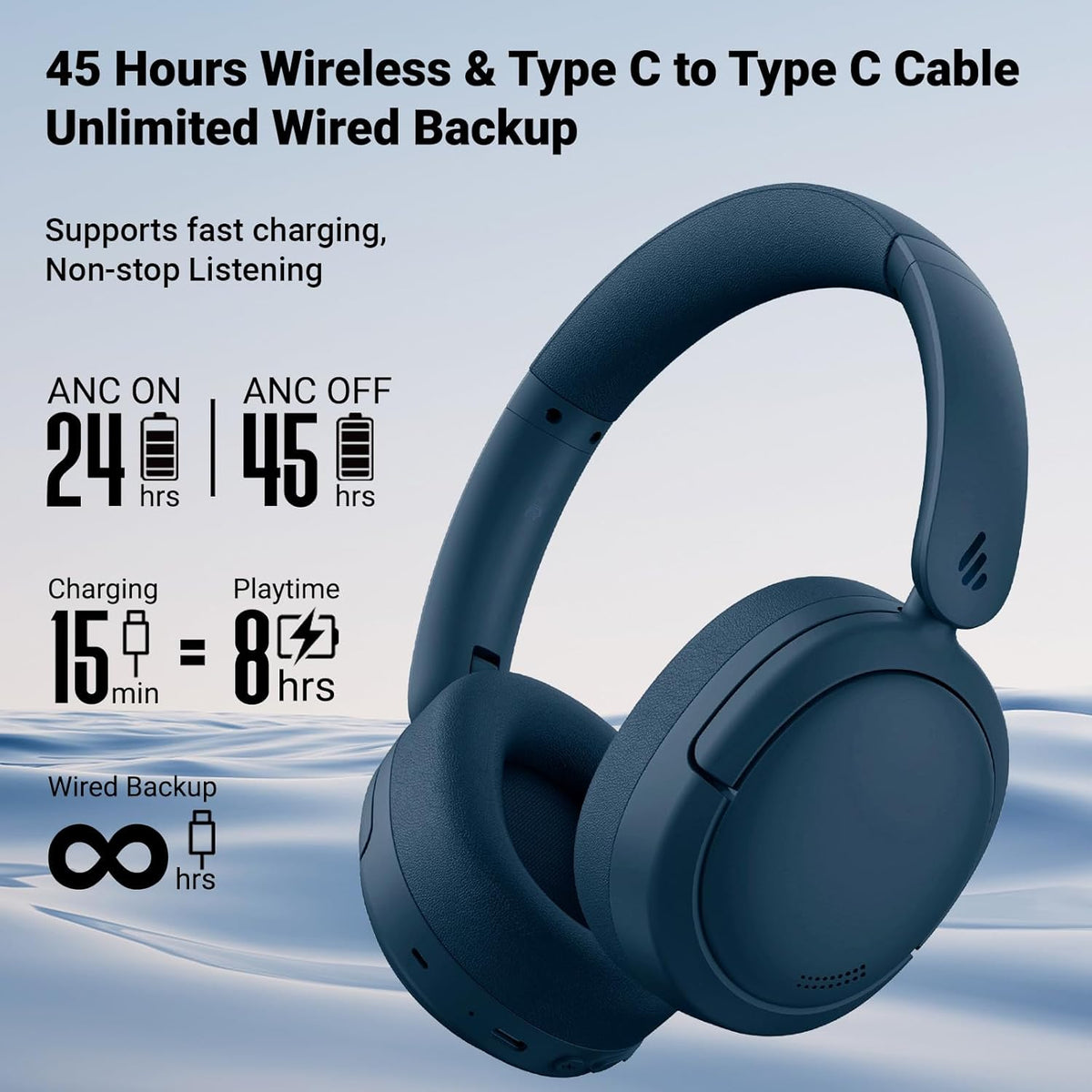 Edifier V80 Hybrid Active Noise Cancelling Bluetooth Headphones, Wireless Over Ear Headset with 45H Playtime, Wired Hi-Res Audio Fast Charging Multipoint Connection for Home Travel Office - Navy Blue - PuriLite