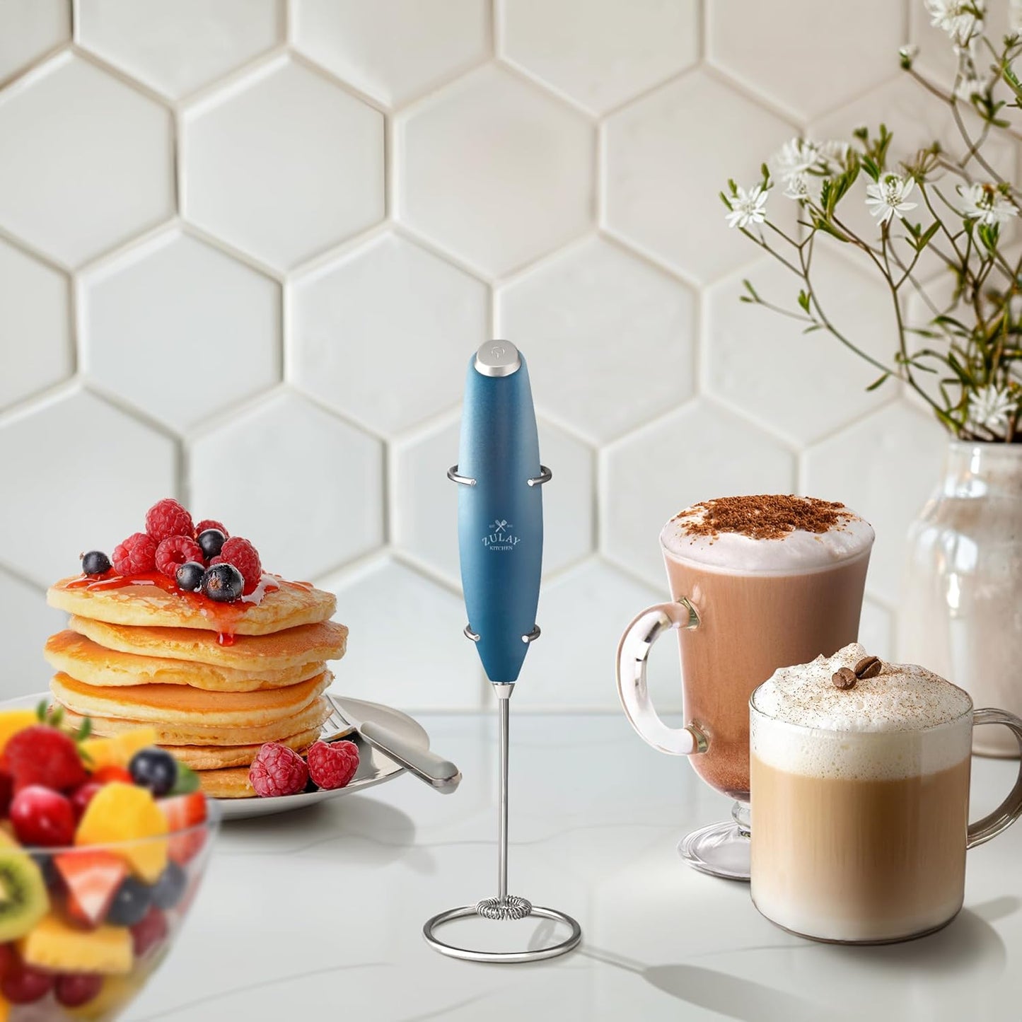 Zulay Kitchen Powerful Double Whisk Milk Frother Handheld - Foam Maker with Stand - Whisk Drink Mixer for Coffee, Mini Foamer for Latte, Matcha, Frappe, Hot Chocolate & Cappuccino (Black) - PuriLite