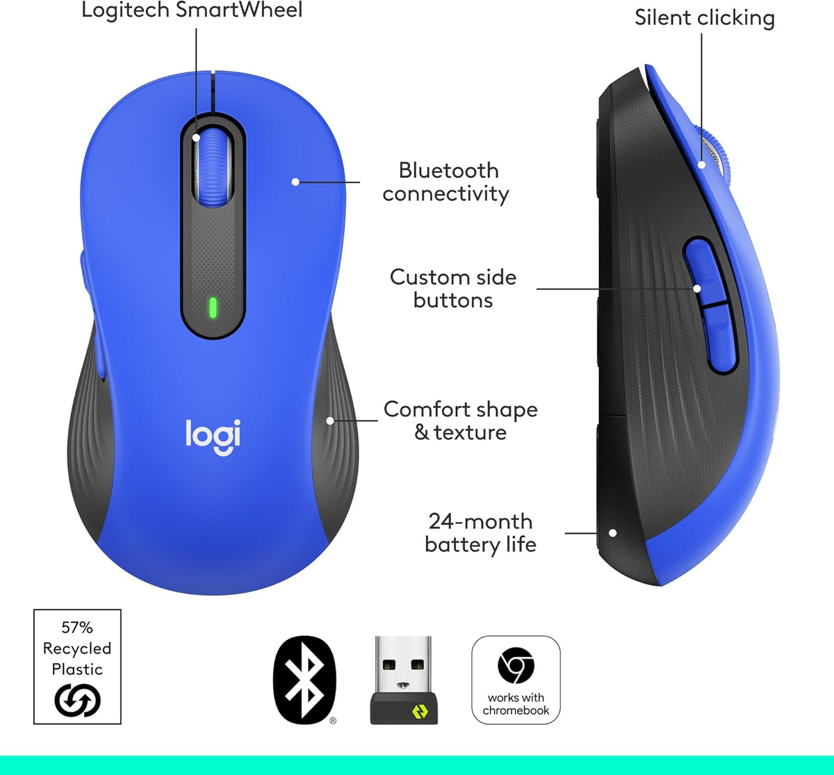 Logitech Signature M650 L Full Size Wireless Mouse - For Large Sized Hands, 2-Year Battery, Silent Clicks, Customizable Side Buttons, Bluetooth, for PC/Mac/Multi-Device/Chromebook - Black - PuriLite