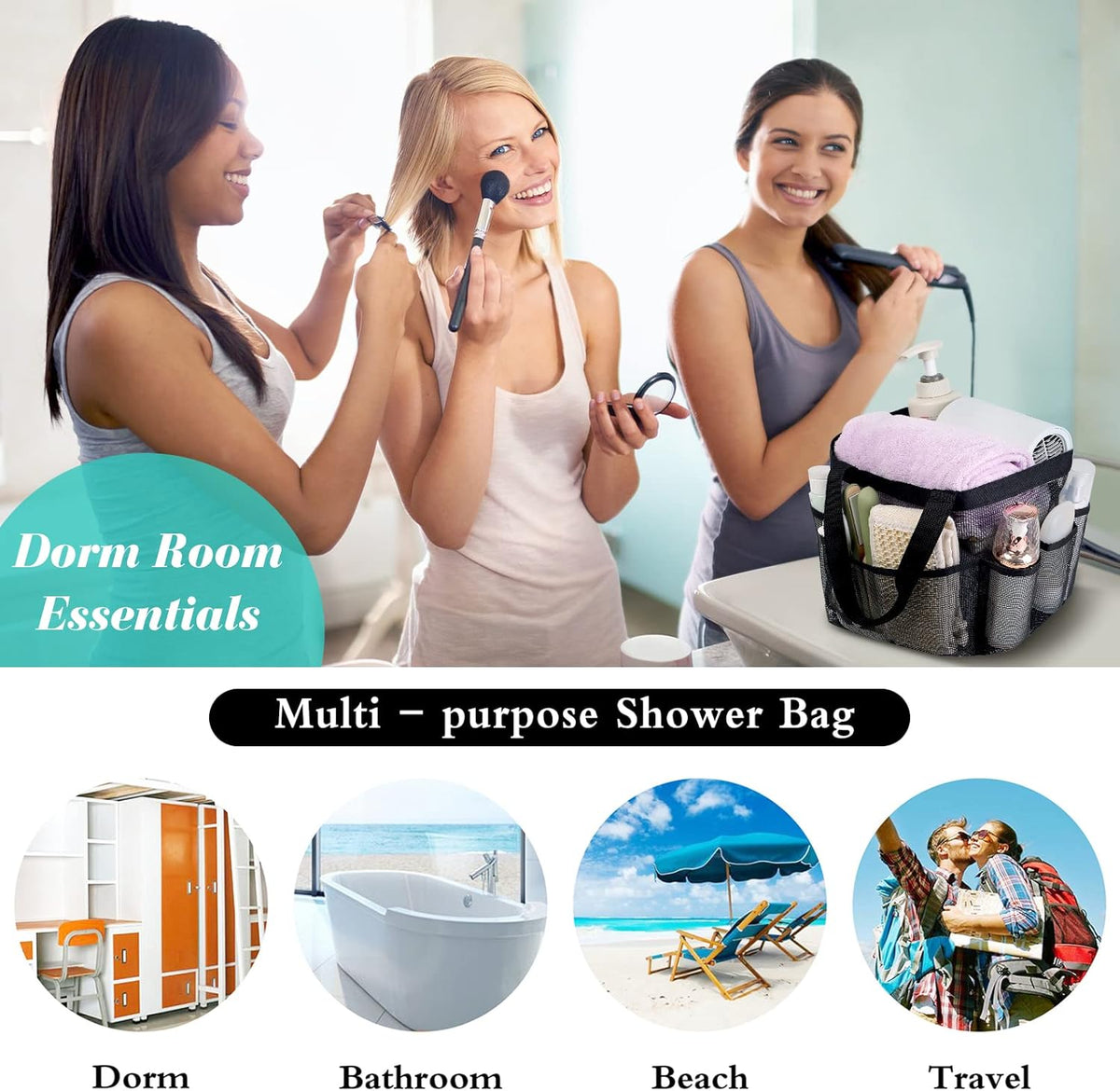 Attmu Mesh Shower Caddy Portable for College Dorm Room Essentials with 8 Pockets, Hanging Shower Caddy Basket Tote Bag Toiletry Accessories for Bathroom - PuriLite