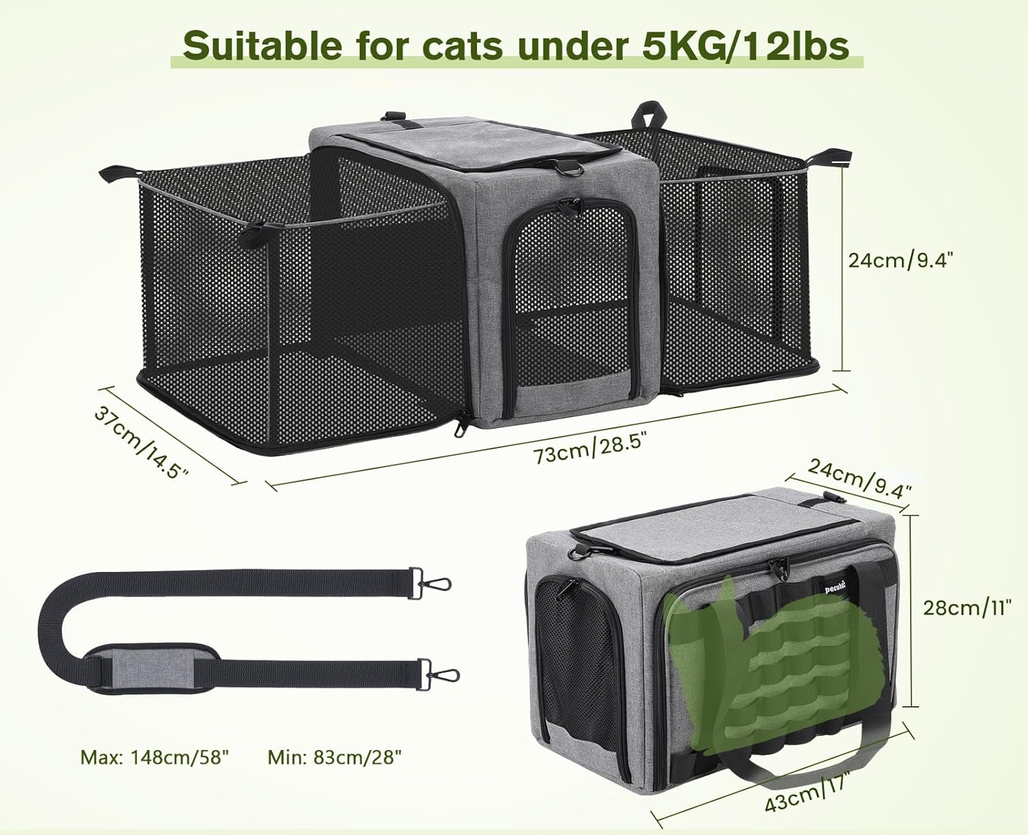 Approved Collapsible Cat Soft-Sided Carriers, Breathable Pet Carriers up to 5kg/12lbs, Portable Dog Carrier Great for Travel, Outdoor, Hiking, Camping(Gray) - PuriLite