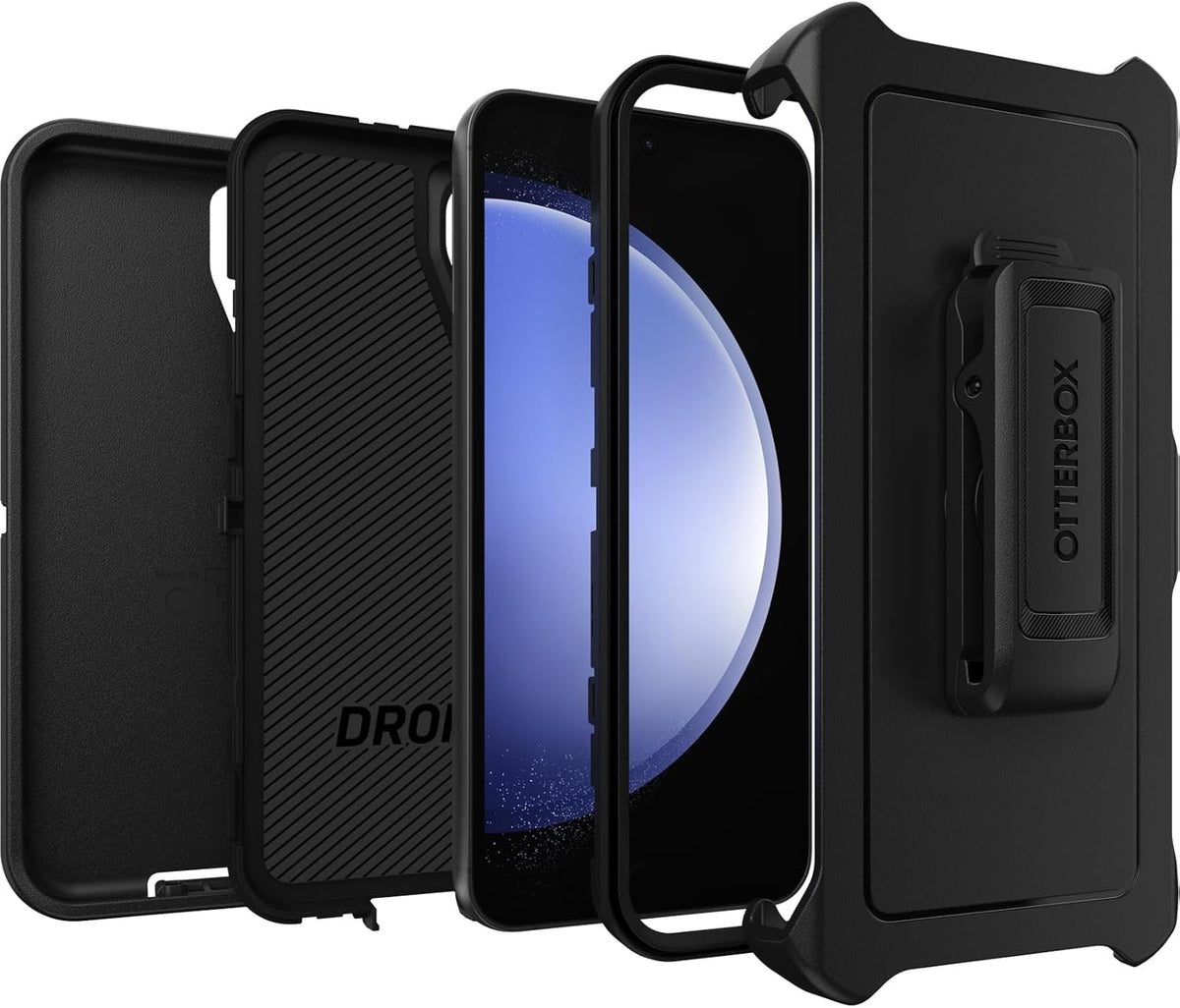 OtterBox Galaxy S23 FE Defender Series Case - Black, Rugged & Durable, with Port Protection, Includes Holster Clip Kickstand - PuriLite