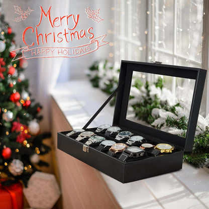 Ohuhu Watch Box Organizer for Men -12 Slot Leather Watch Case with Real Glass Lid Watch Display Case, Watch Organizer Jewelry Storage Box - PuriLite