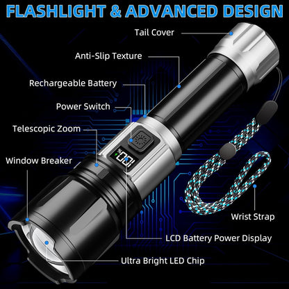 Flashlight Rechargeable 990000 High Lumens, Super Bright LED Flash Light with LCD Digital Display, Tactical Flashlights with IPX7 Waterproof, 6 Modes Brightest Flashlight for Camping, Emergency - PuriLite