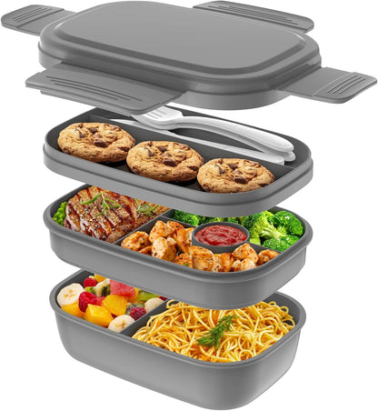 Bento Box Adult - 3 Layers Stackable Lunch Containers for Adults & Kids, 72oz Large Salad Containers for Lunch with Utensil Sauce Dressing Containers for Dining Out,Work,Pink - PuriLite