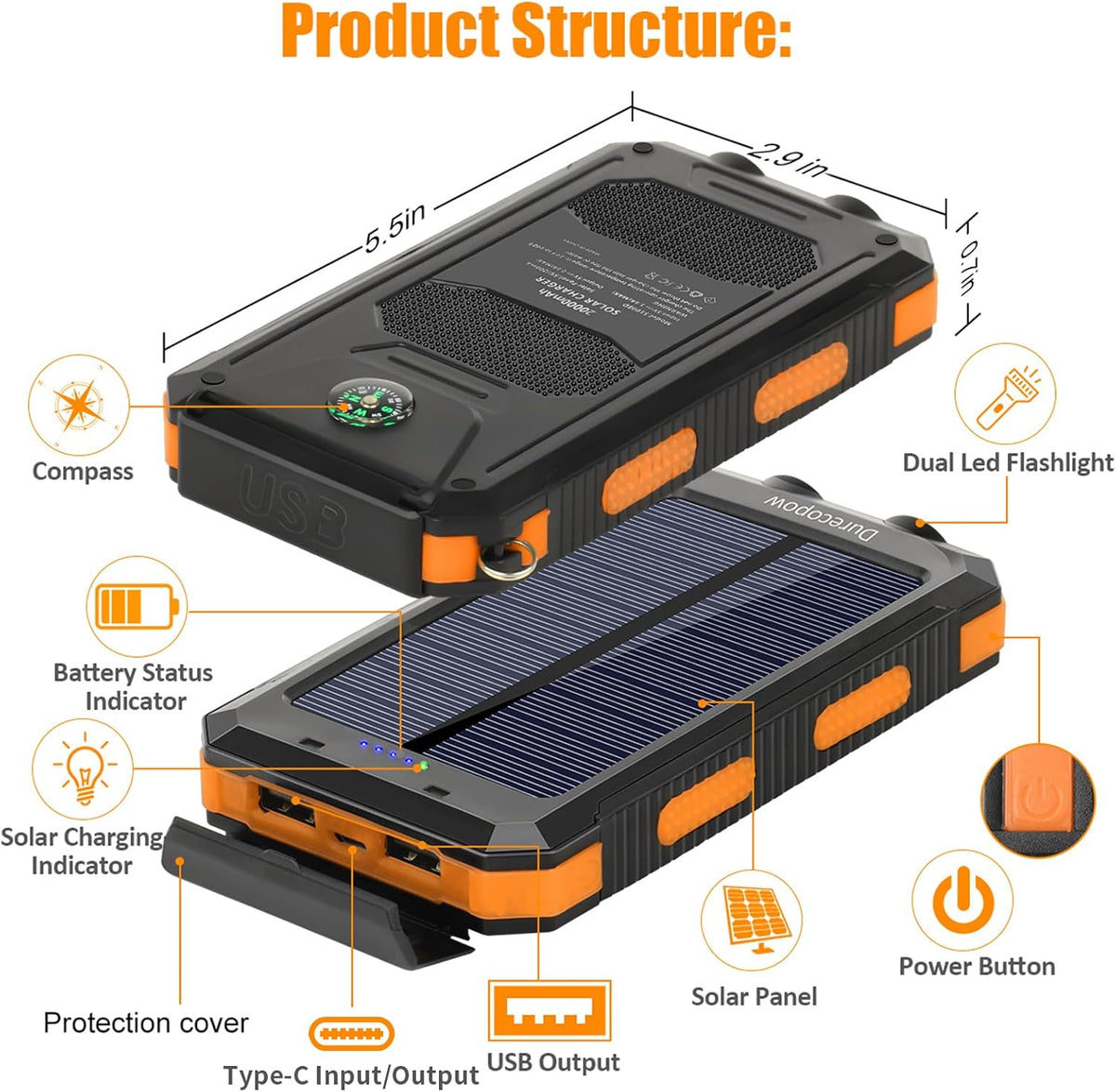 Solar Charger Power Bank, 20000mAh Portable Outdoor Waterproof Solar Battery Charger, Camping External Backup Battery Pack USB C Ports Input/Output, 2 Led Light Flashlight with Compass (Orange) - PuriLite
