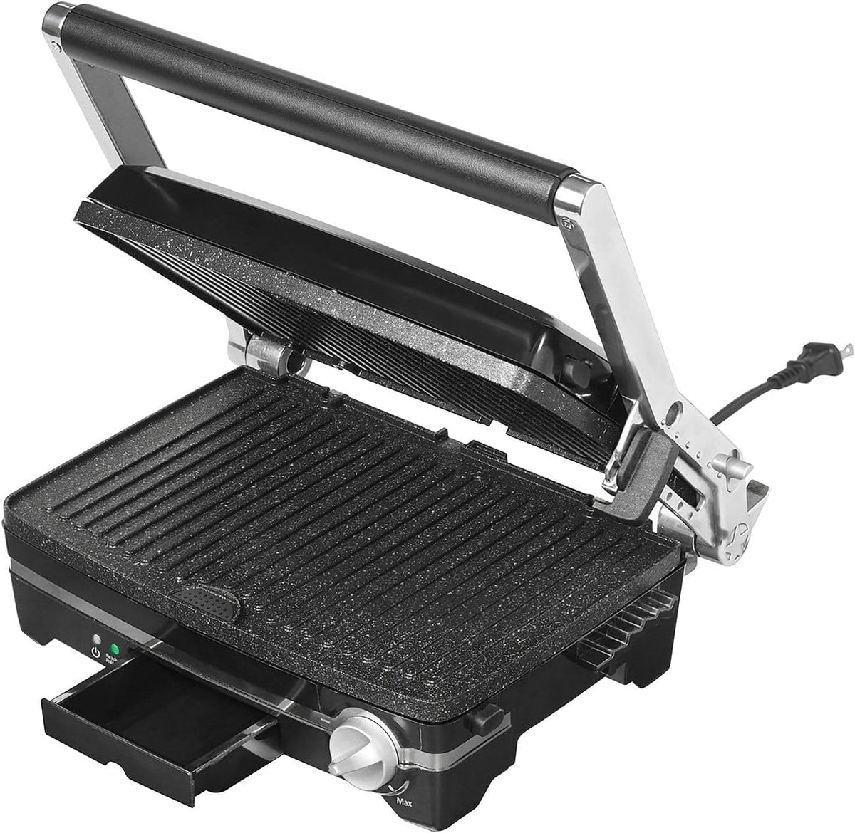 Starfrit The Rock Panini Press - Rock.Tec Non-Stick Reversible Plate - Opens 180 Degrees - Adjustable Temperate Control - PuriLite