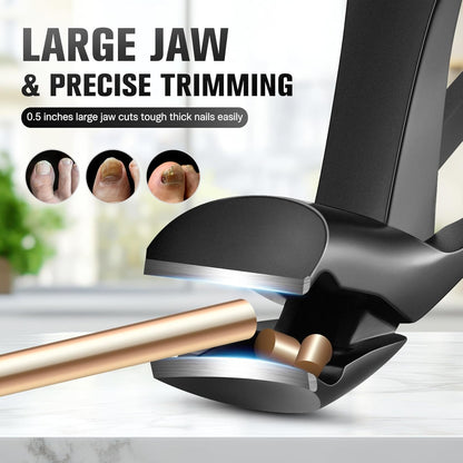 FERYES Angled Head Long Handled Toenail Clipper for Seniors - Large Wide Jaw Nail Clipper with Catcher for Thick Nails - Easier Trimming, Ergonomic Design (Black) - PuriLite