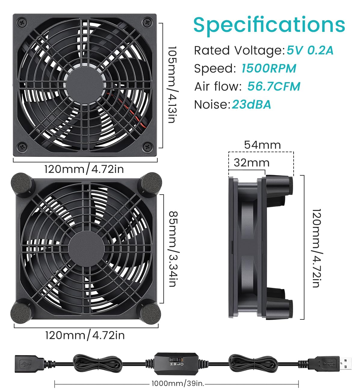Wathai High Airflow Router Cooling Fan for Computer Cooler TV Small Box DC 5V USB Power 120mm 240mm Fan with Multi Speed Controller - PuriLite
