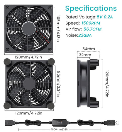Wathai High Airflow Router Cooling Fan for Computer Cooler TV Small Box DC 5V USB Power 120mm 240mm Fan with Multi Speed Controller - PuriLite