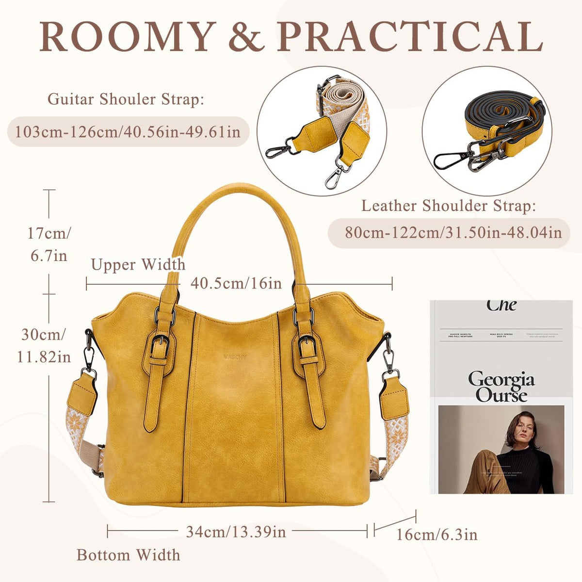 Hobo Bags for Women,VASCHY Vegan Leather Handbag Purse Top Handle Satchel Boho Shoulder Bag with Crossbody Guitar Strap - PuriLite