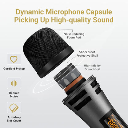 TONOR Wireless Microphones, UHF Dual Karaoke Microphone System, Microfonos Inalambricos with Rechargeable Receiver, Cordless Dynamic Mic for Singing, Wedding, DJ, Party, Speech TW320 Grey - PuriLite