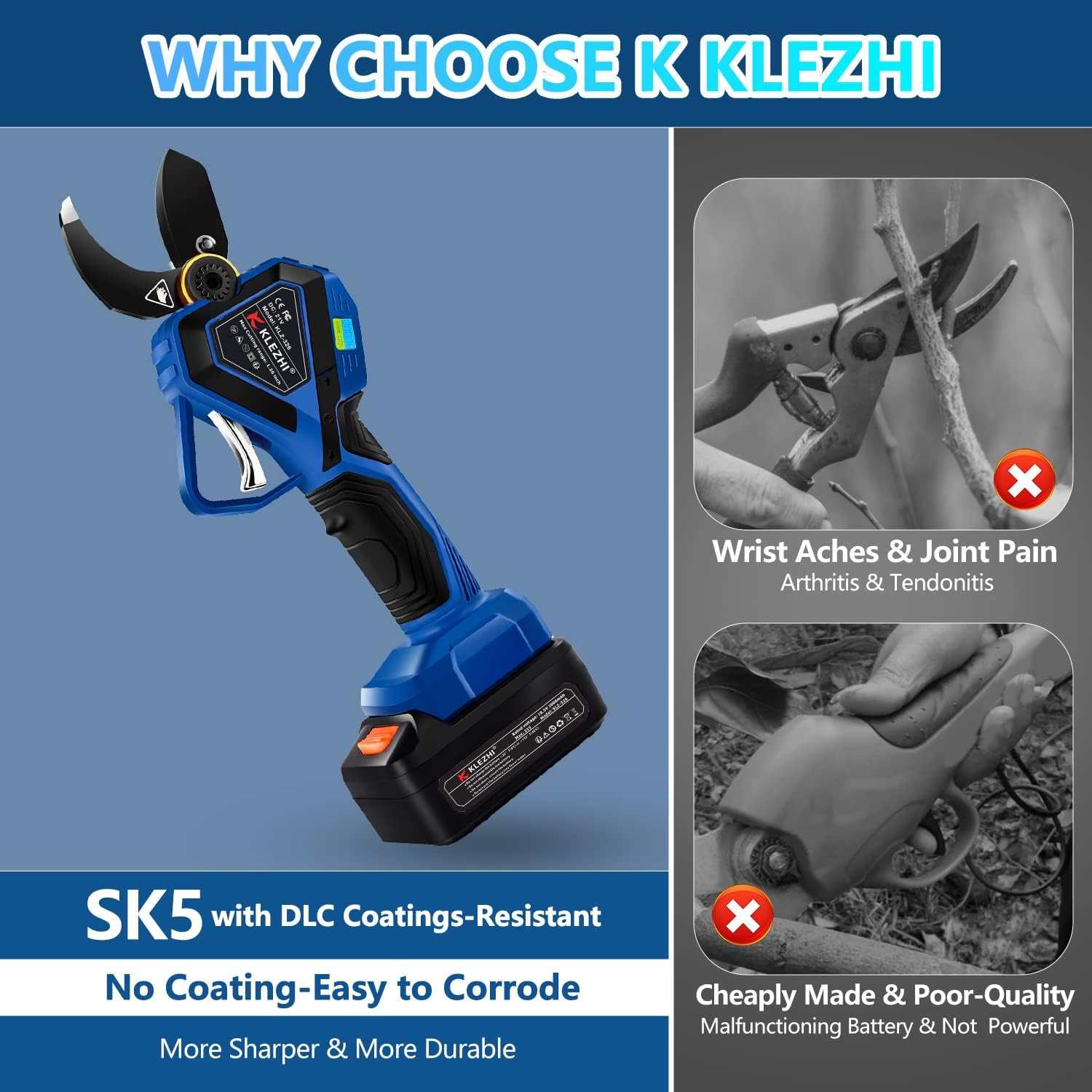 K KLEZHI Cordless Electric Pruning Shears, Rechargeable Battery, 42MM (1.65 Inch) Cutting Diameter Fruit Tree Branches Cutter,Good for Arthritis Hands 8-10 Working Hours Black - PuriLite