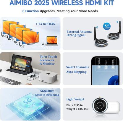 AIMIBO Wireless HDMI Transmitter and 4 Receivers, 5.8G @60Hz, Plug & Play HDMI Wireless Multiple TVs Extender for Streaming Video/Audio from Laptop, Camera, TV Box to TVs, Projectors, Monitors -165FT - PuriLite