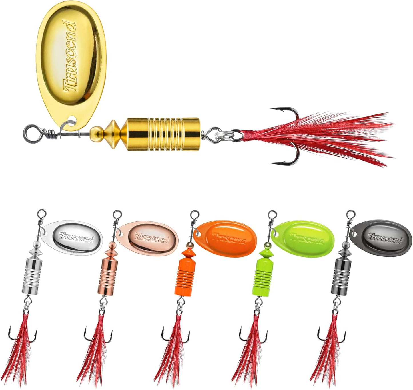 TRUSCEND Fishing Spinners with Unique Double Spoons, Nano-Plated Rooster Tail Fishing Lures with Copper Body & Blade, Great Action Blade Bait for Bass Trout Walleye, Freshwater Ice Fishing Jigs - PuriLite
