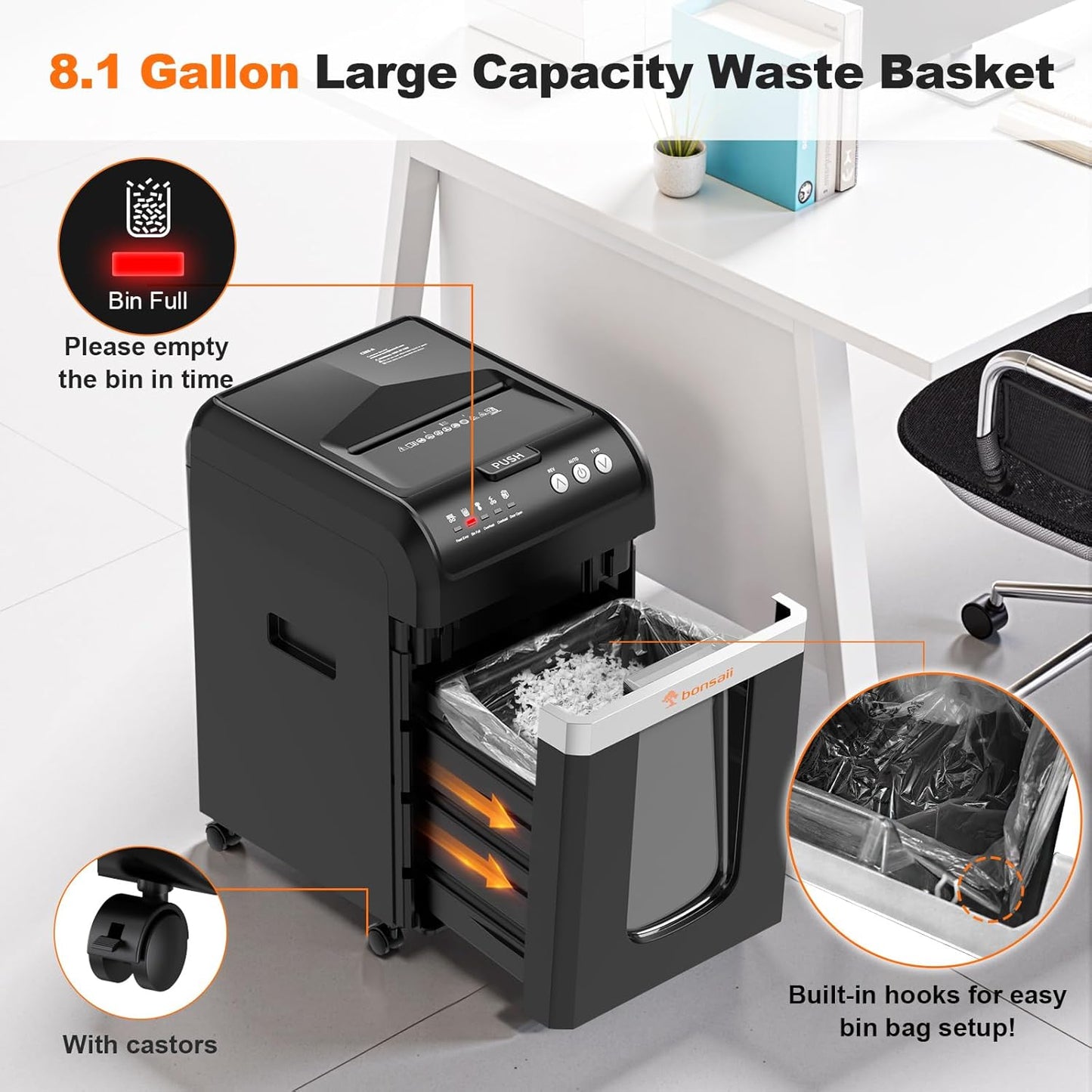 Bonsaii 200-Sheet Auto Feed Paper Shredder, 60 Minutes Nonstop Heavy Duty Shredders, 8.1 Gallon Large Bin Office Document Shredder, Micro-Cut/High Security P-4 Commercial Grade Shredder (C283-A) - PuriLite