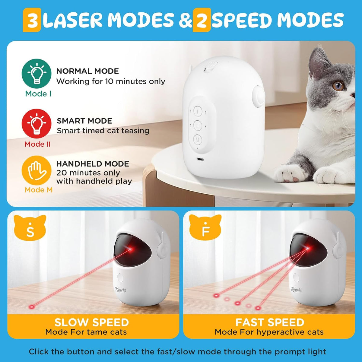 KOACKL Cat Toys for Indoor Cats, Cat Laser Pointer Toy, Rechargeable Automatic Cat Toy with Timer & Speed Modes, Ideal Interactive for Cats Dogs Training and Exercise - PuriLite