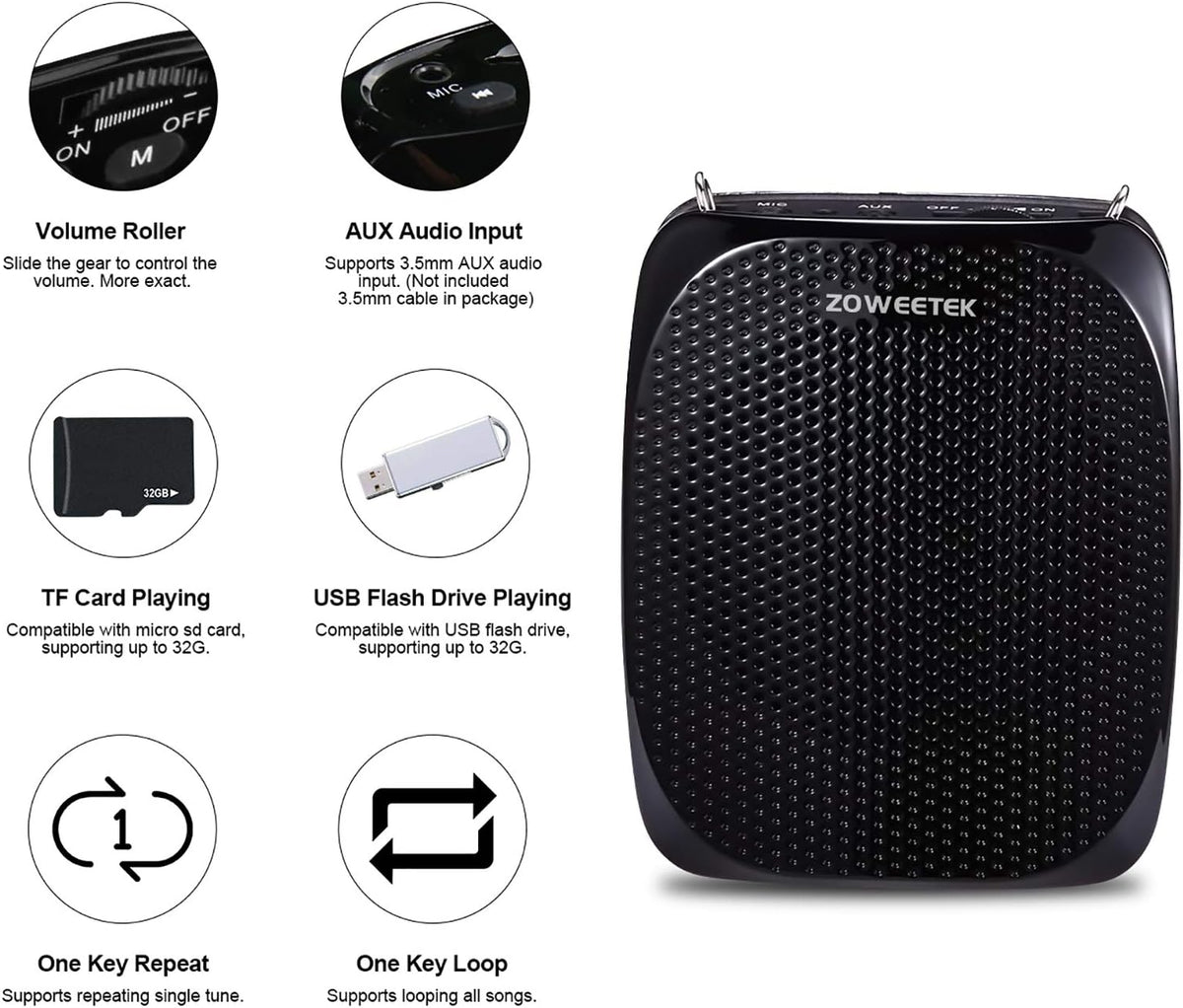 ZOWEETEK Voice Amplifier with Microphone Headset,1800mAh Rechargeable Portable Amplifier for Teachers, Tour Guide,Yoga,Fitness, Training, Meeting,Classroom - PuriLite