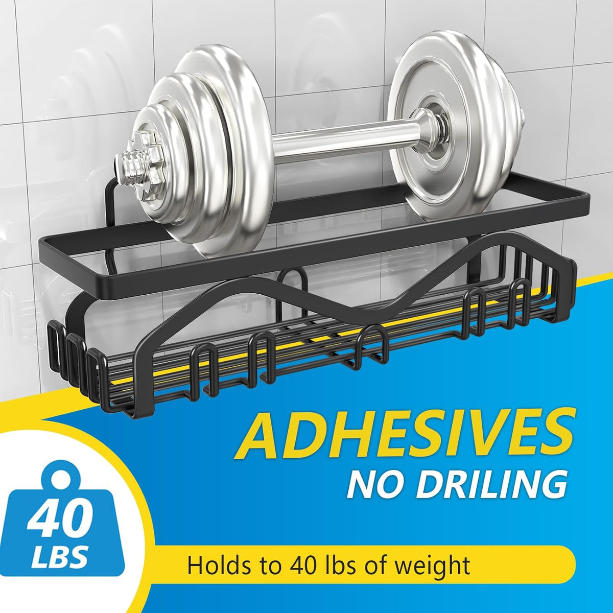 Coraje Adhesive Shower Caddy, 5-Pack Shower Shelves, Large Capacity Load Bearing 40 LBS Shower Organizer, No Drilling Shower Shelf, Rustproof Stainless Steel Bathroom Shower Storage, Black - PuriLite