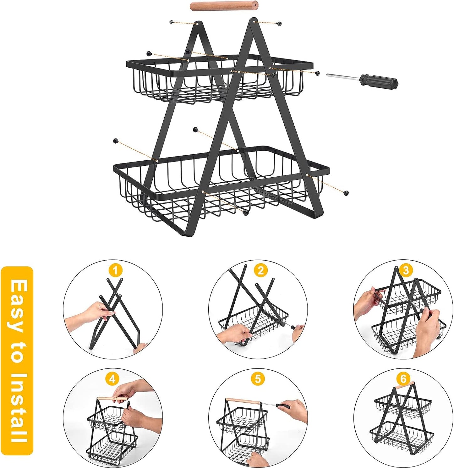 2 Tier Countertop Fruit Basket,Portable Fruit Bowle Basket for Kitchen Organizer Storage & Dining Room Fruits Vegetable Bread Snacks,MAHUEEOL Detachable Metal Rectangle Basket Storage - PuriLite