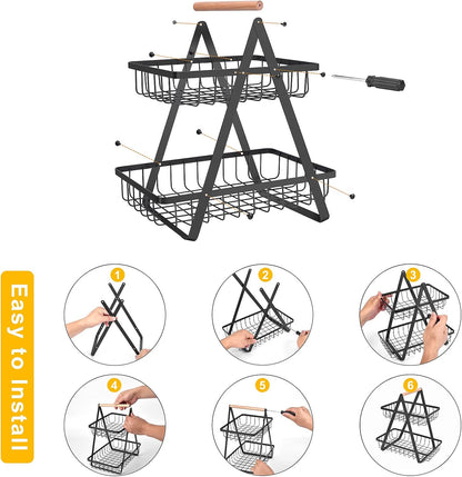 2 Tier Countertop Fruit Basket,Portable Fruit Bowle Basket for Kitchen Organizer Storage & Dining Room Fruits Vegetable Bread Snacks,MAHUEEOL Detachable Metal Rectangle Basket Storage - PuriLite
