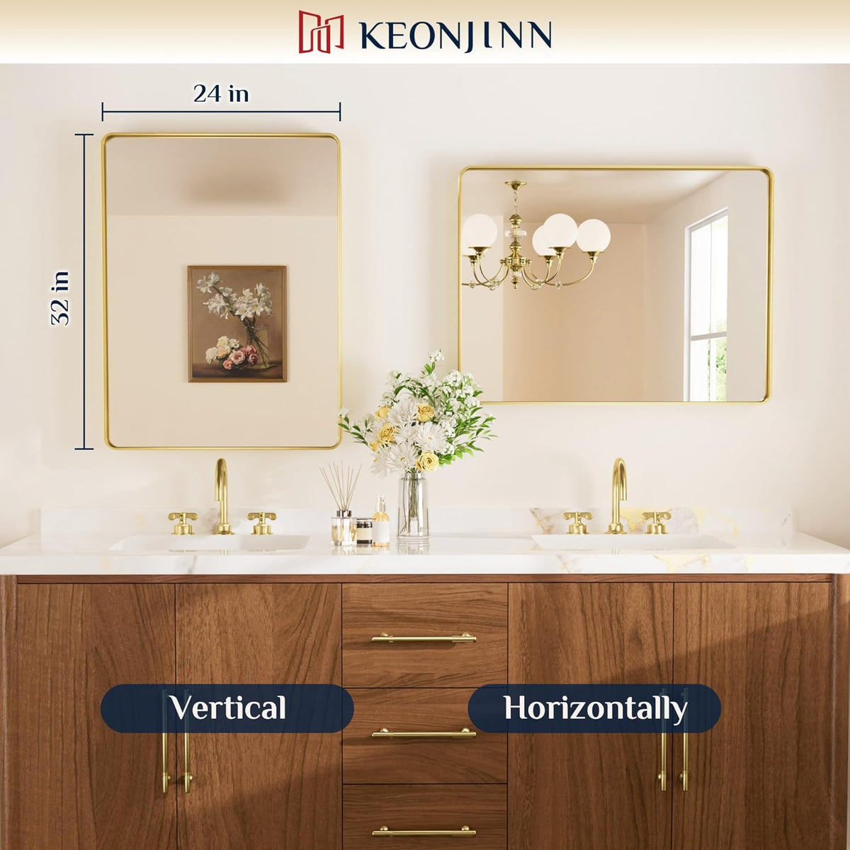 Keonjinn 42 x 36 Brushed Nickel Bathroom Vanity Mirror, Large Rounded Rectangle Bathroom Mirrors for over Sink, Metal Framed Silver Mirror for Wall, Shatterproof HD Tempered Glass(Horizontal/Vertical) - PuriLite