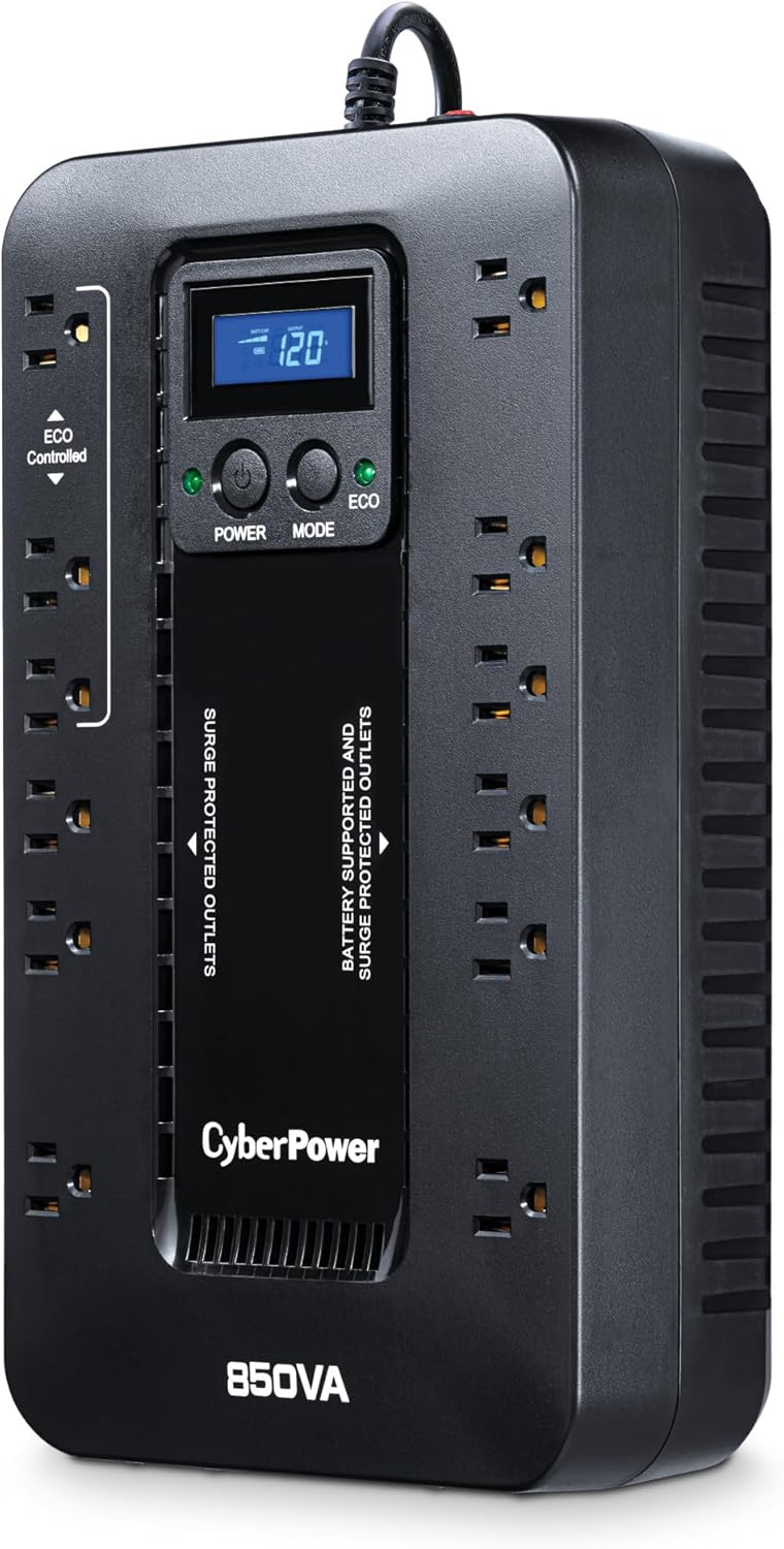 CyberPower EC850LCD Ecologic Battery Backup & Surge Protector UPS System, 850VA/510W, 12 Outlets, ECO Mode, Compact, Uninterruptible Power Supply - PuriLite