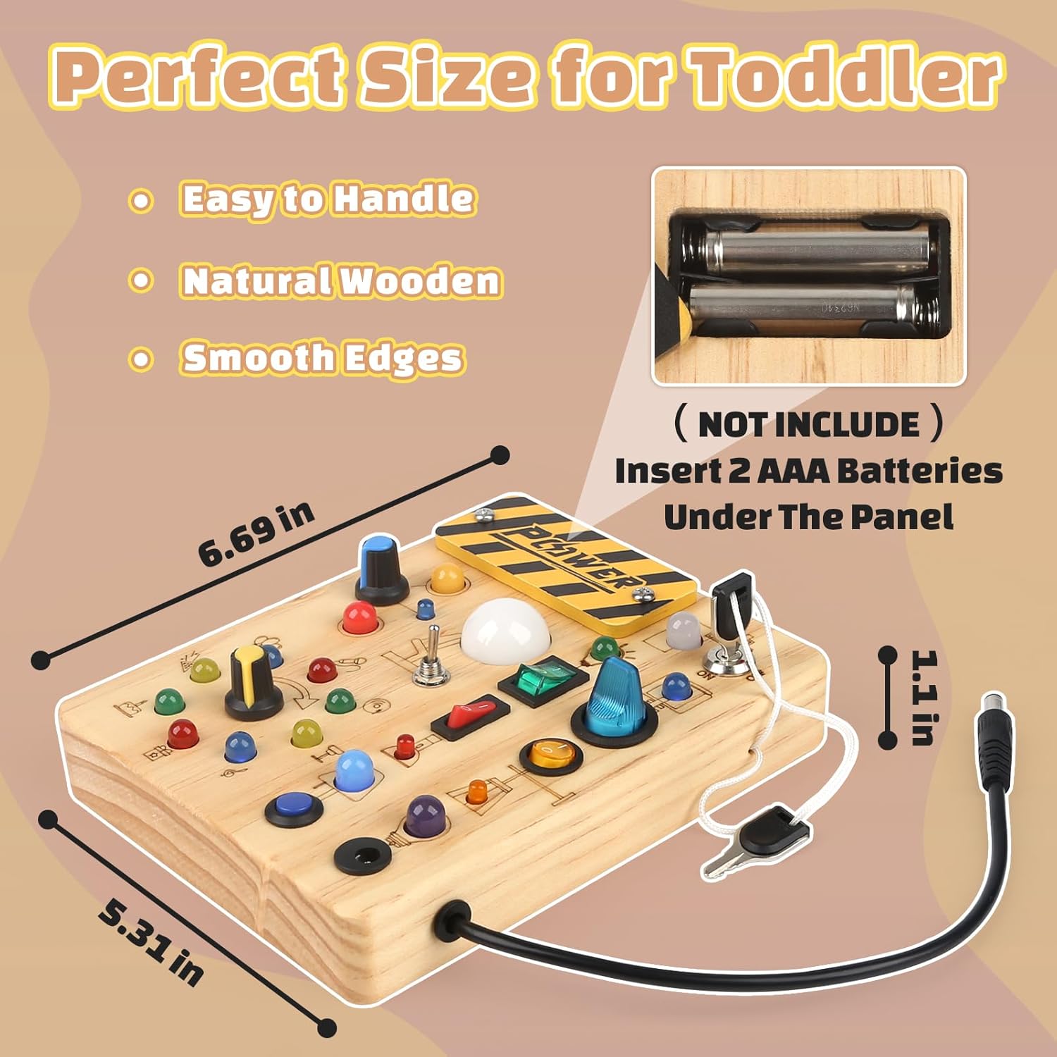 Joyreal Montessori Busy Board Wooden Sensory Toys for Toddler with LED Light Up Switch, Baby Fidget Board Travel Toys for 18+ Months, Boys Girls Birthday - PuriLite