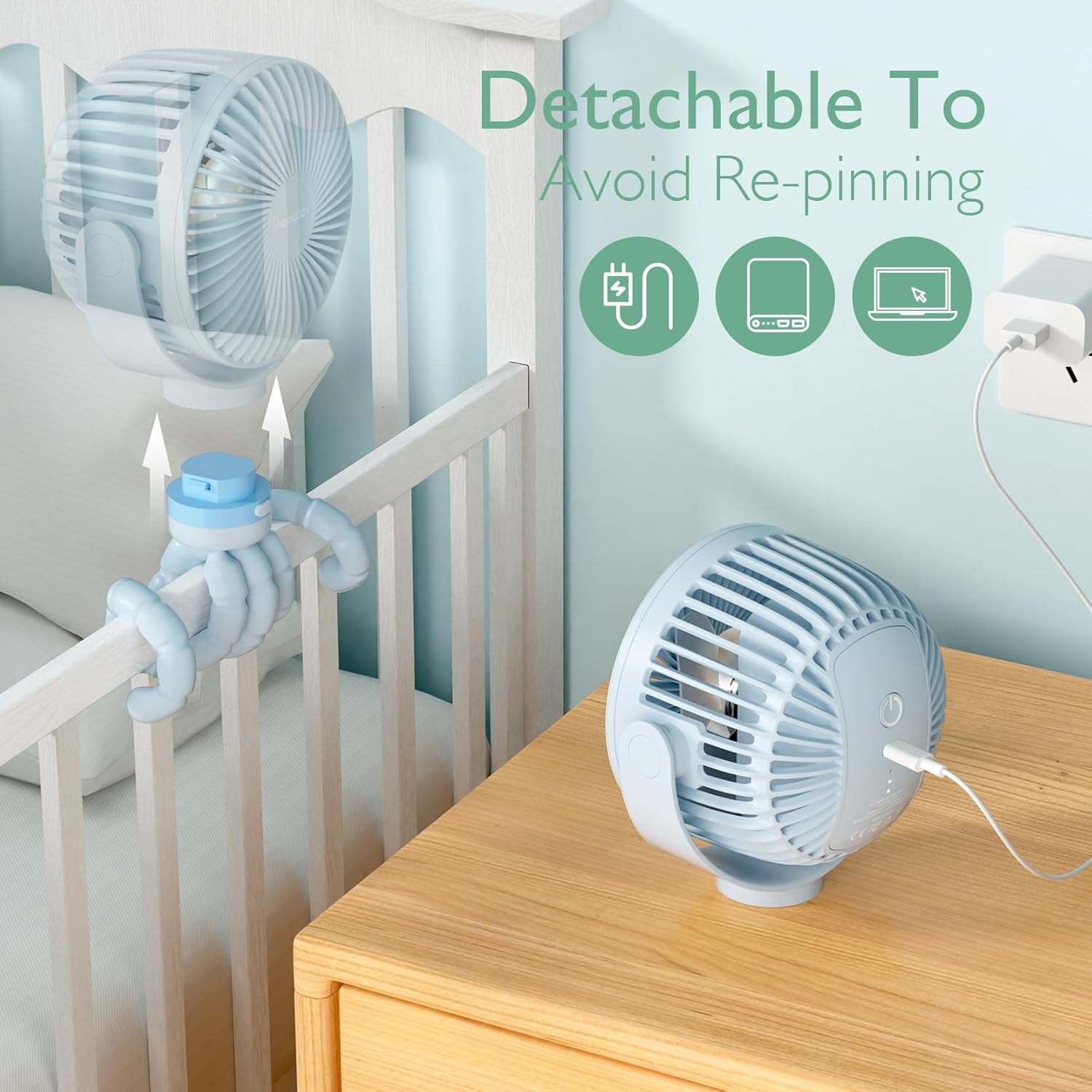 Momcozy Portable Stroller Fan, 27H Ultra-long Battery Life, Detachable 4 Speed 360°Rotate, LED Night Light with 2 Modes, USB Rechargeable and Handheld Cooling Fan for Travel, Car Seat - PuriLite