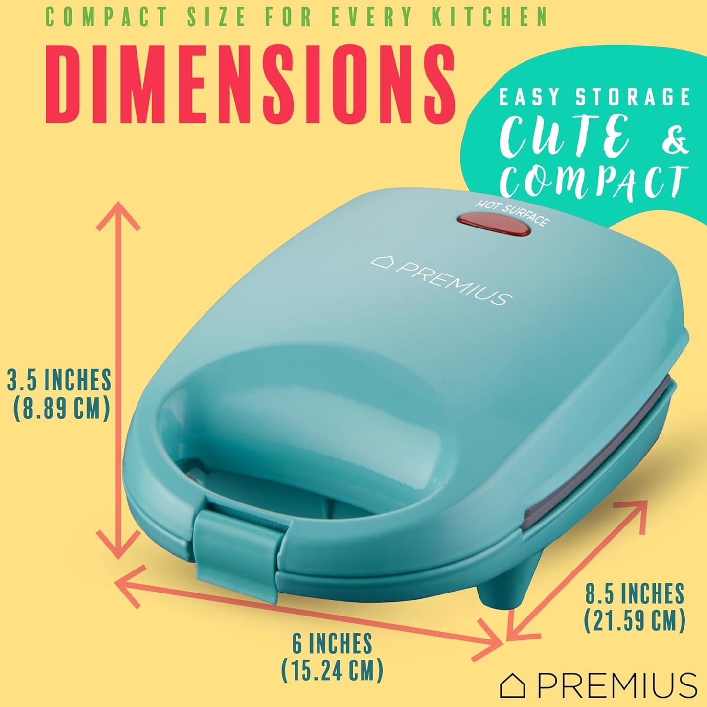 PREMIUS Ceramic NonStick Mini Snack Sandwich Maker, Indicator Light, 5x4.4 Inch Mold, Great for French Toast, Tuna Melt, Egg & Grilled Cheese, Pancake Sandwich, Desserts, Toasties, 520 W (Red) - PuriLite
