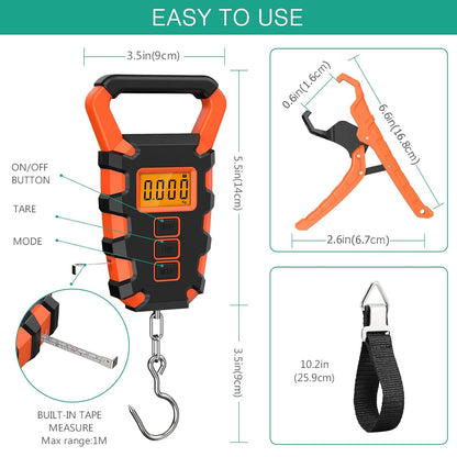 ORIA Fish Scale Digital, Fishing Scale, Fish Scale with Ruler and Fish Gripper, 110lb/50kg Baggage Weighing Scale, Backlit LCD Display (Orange) - PuriLite