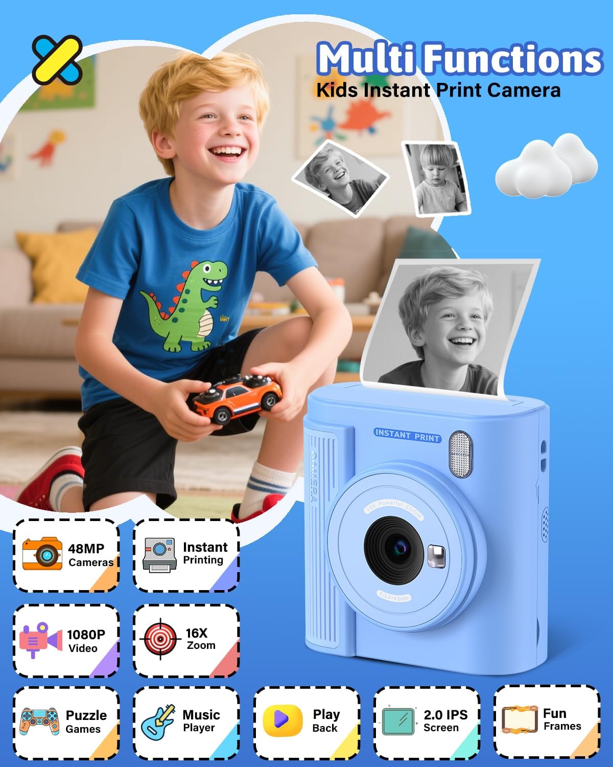 Mgaolo Kids Camera with Instant Print, Thermal Printing Digital Camera Gift for 3-12 Years Old Children, Safe Ink-Free Design, Toy for Creativity & Learning (Black) - PuriLite